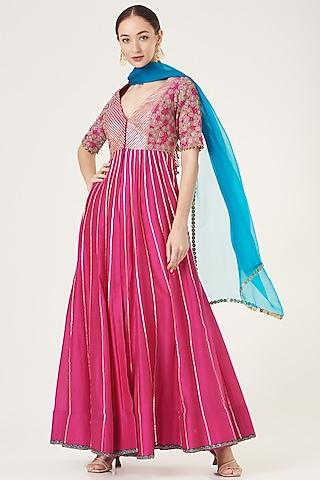 magenta-pink embellished anarkali set