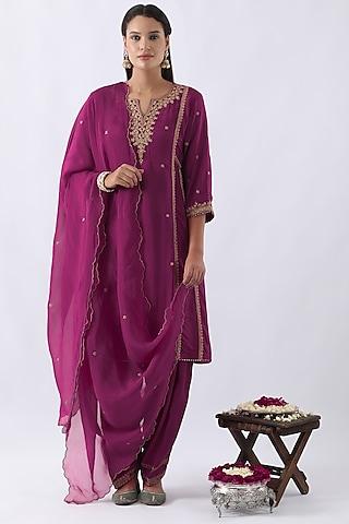 magenta pink habutai silk cutdana & sequins embroidered a-line kurta set