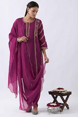 magenta pink habutai silk cutdana & sequins embroidered straight kurta set