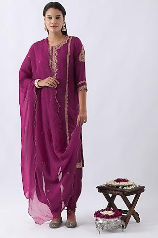 magenta pink habutai silk dori & cutdana embroidered straight kurta set