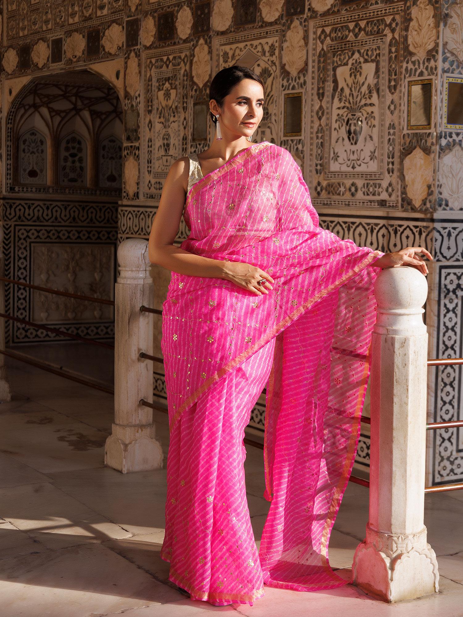 magenta pink hand embroidered mothra pure kota silk saree