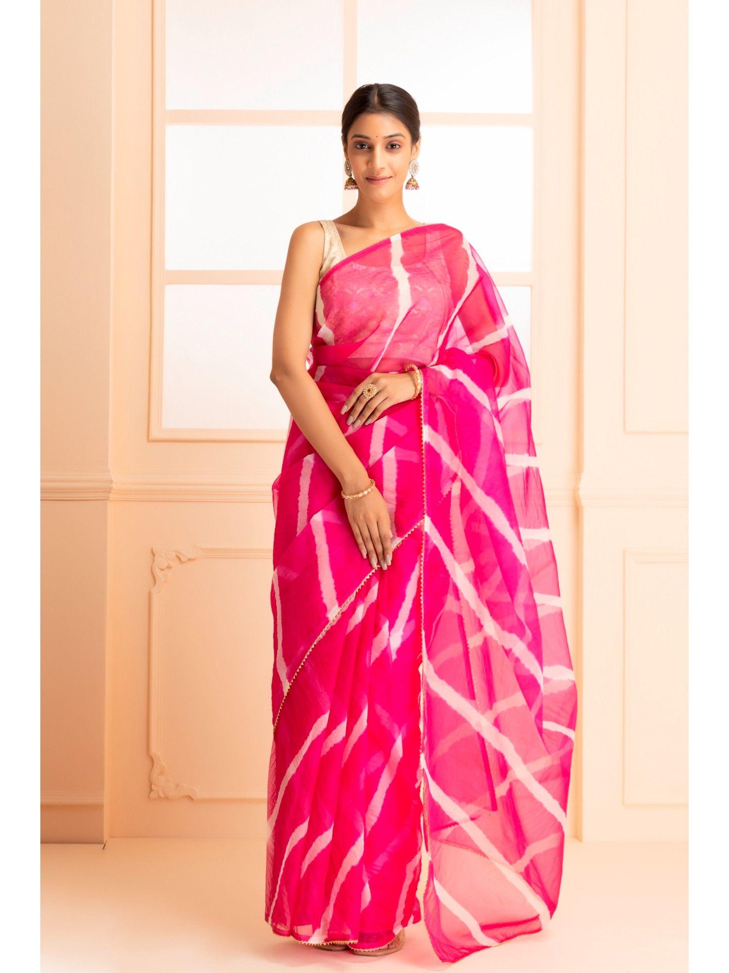 magenta pink handcrafted leheriya organza saree