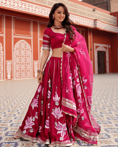 magenta pink handpainted lehenga set