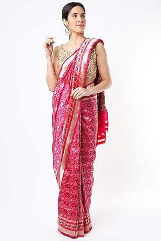 magenta pink katan silk ikat saree set