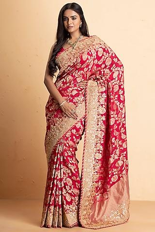 magenta pink khaddi georgette embellished banarasi saree set