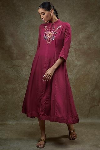 magenta pink organic milk fiber hand embroidered dress