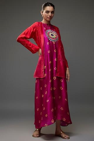magenta pink organic silk embellished bandhani jacket dress