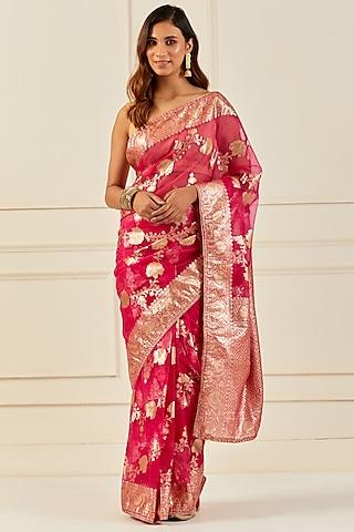 magenta pink organza handcrafted banarasi saree set