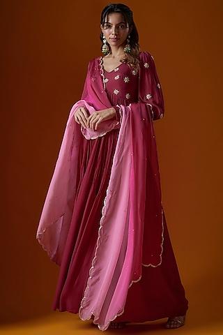 magenta pink pure crepe embroidered anarkali set