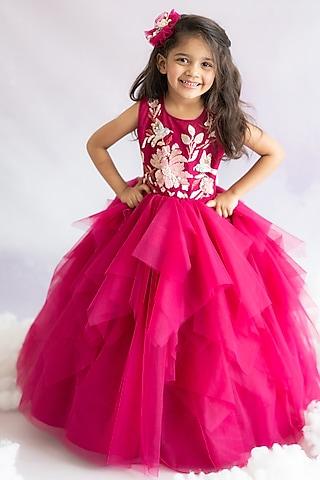 magenta pink tulle hand embroidered layered gown for girls