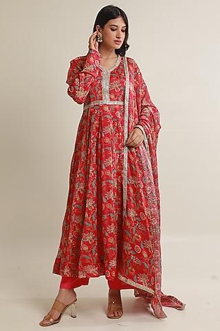 magenta pink viscose chinon digital printed anarkali set