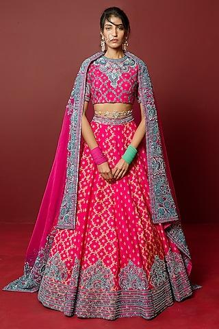 magenta pink viscose raw silk & pure silk organza hand embroidered lehenga set