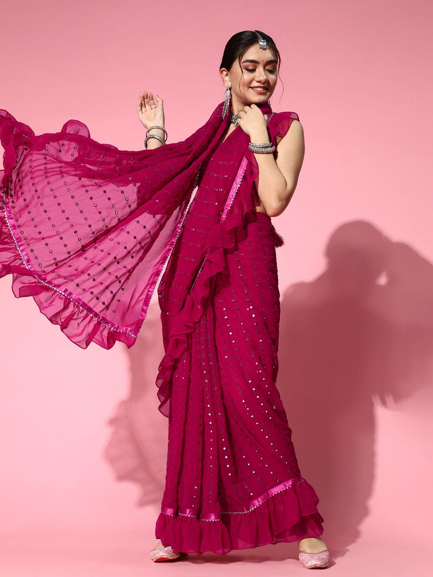 magenta poly georgette mirror work ruffle saree with unstitched blouse