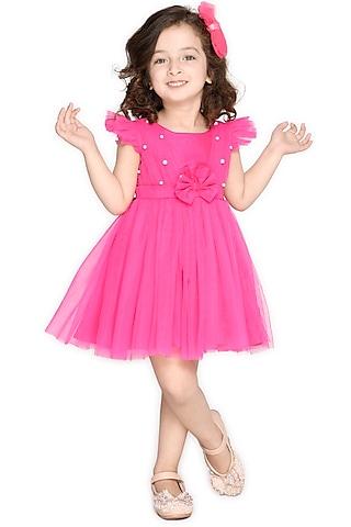 magenta polyester & net embellished dress for girls