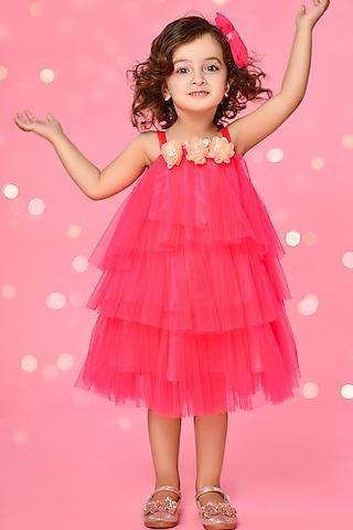 magenta polyester & net embellished dress for girls