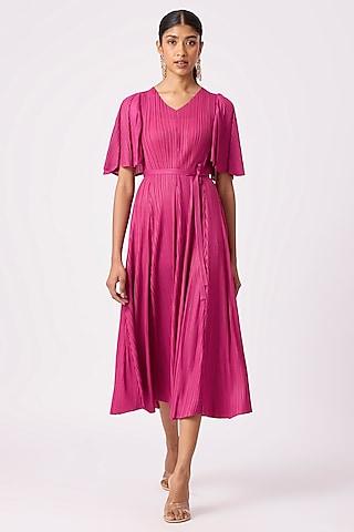 magenta polyester a-line pleated dress
