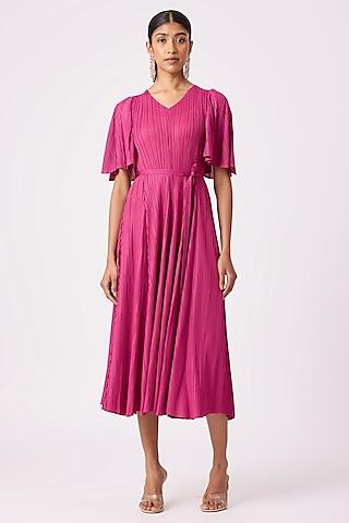 magenta polyester pleated a-line midi dress