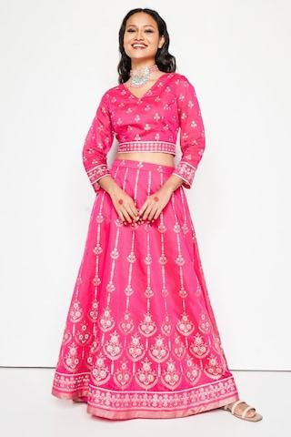 magenta print full length ethnic women regular fit skirt top set