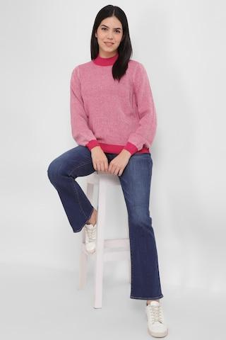 magenta print high neck women regular fit sweaters