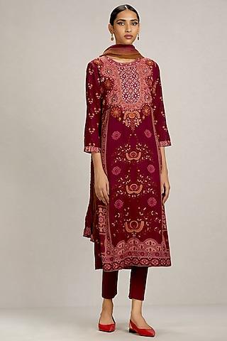 magenta printed & embroidered kurta set