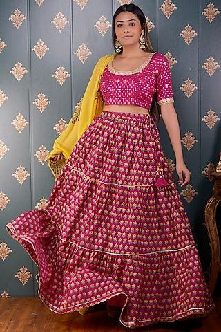 magenta printed & embroidered lehenga set