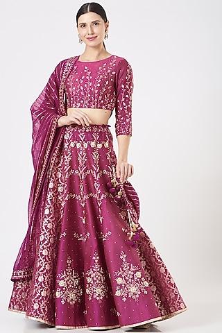 magenta printed & embroidered lehenga set