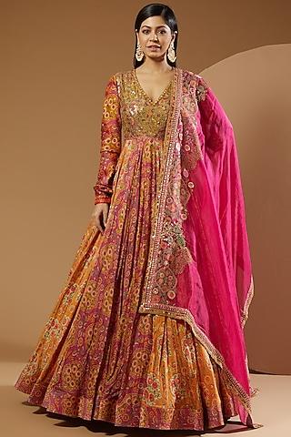 magenta printed anarkali set