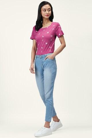 magenta printed casual half sleeves round neck women regular fit t-shirt
