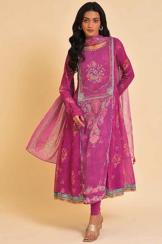 magenta printed ethnic round neck full sleeves ankle-length women regular fit churidar kurta dupatta set