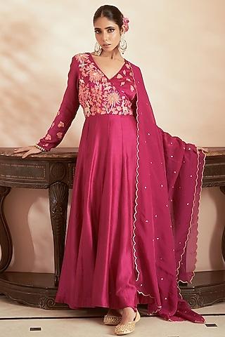 magenta pure chanderi embroidered anarkali set