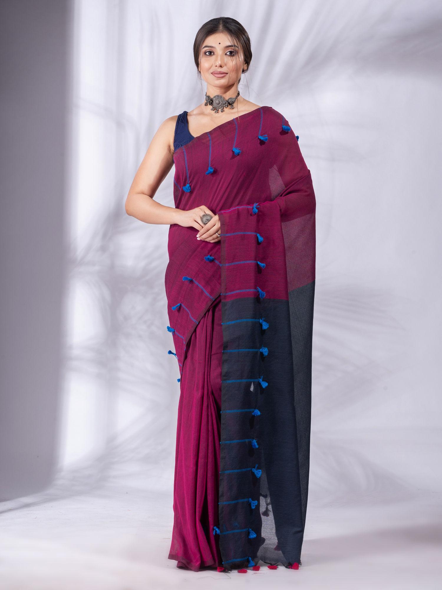 magenta pure cotton handwoven soft saree & tassels pallu with unstitched blouse