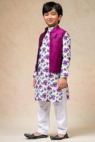 magenta pure silk nehru jacket set for boys