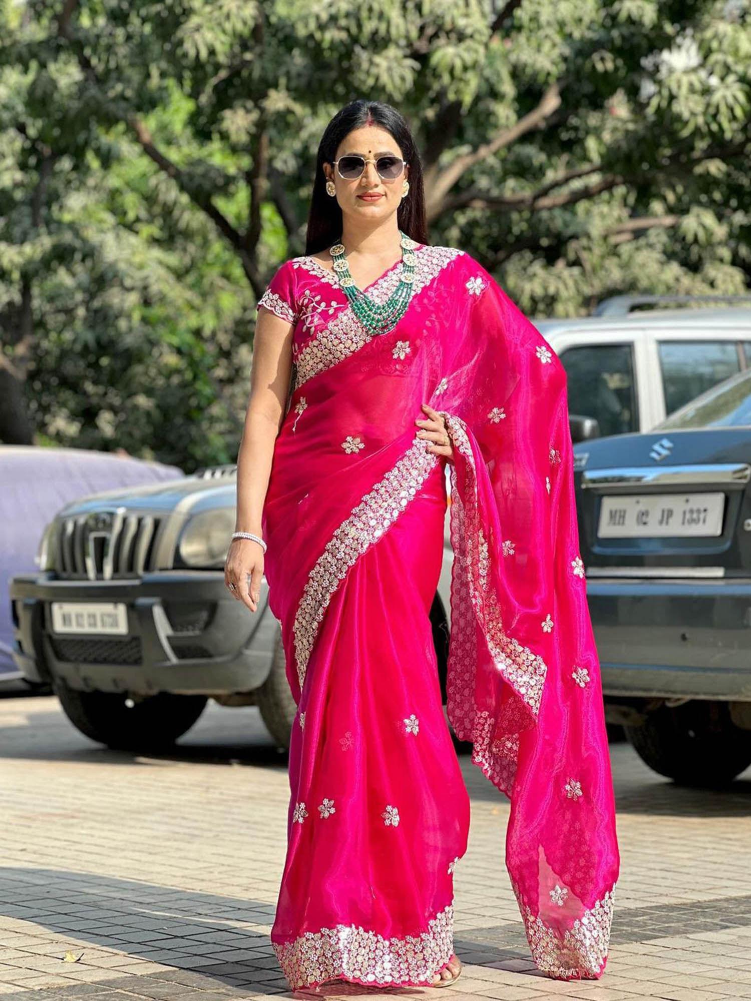 magenta pure soft zimmy choo silk embroidery sequence work saree with stitched blouse