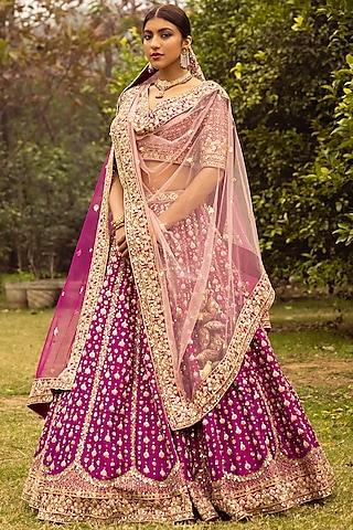 magenta raw silk embroidered lehenga set