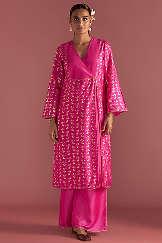 magenta raw silk foil printed overlapped kurta set