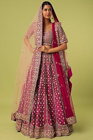 magenta raw silk hand embroidered lehenga set