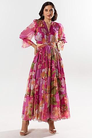 magenta recycled chiffon printed cut-out maxi dress