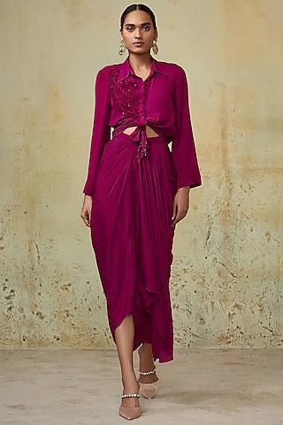 magenta satin chiffon cut-out dress