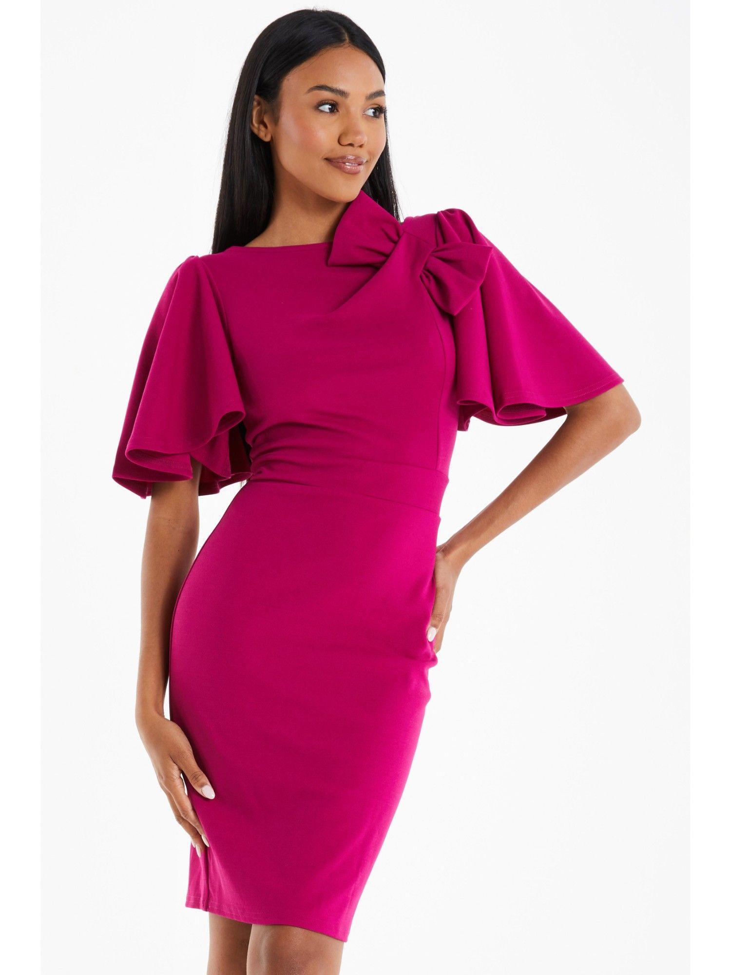 magenta scuba crepe vback bodycon midi dress