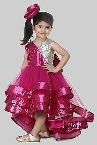 magenta sequins high-low dress for girls