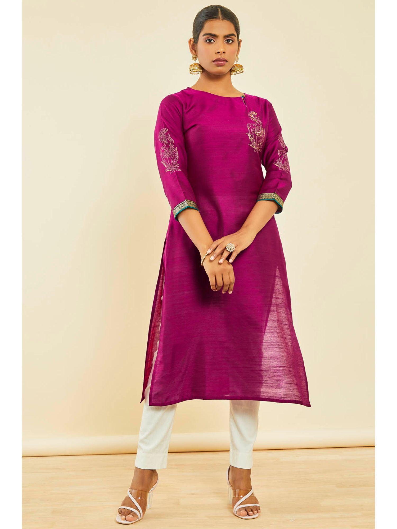 magenta silk blend foil print kurta with sequins