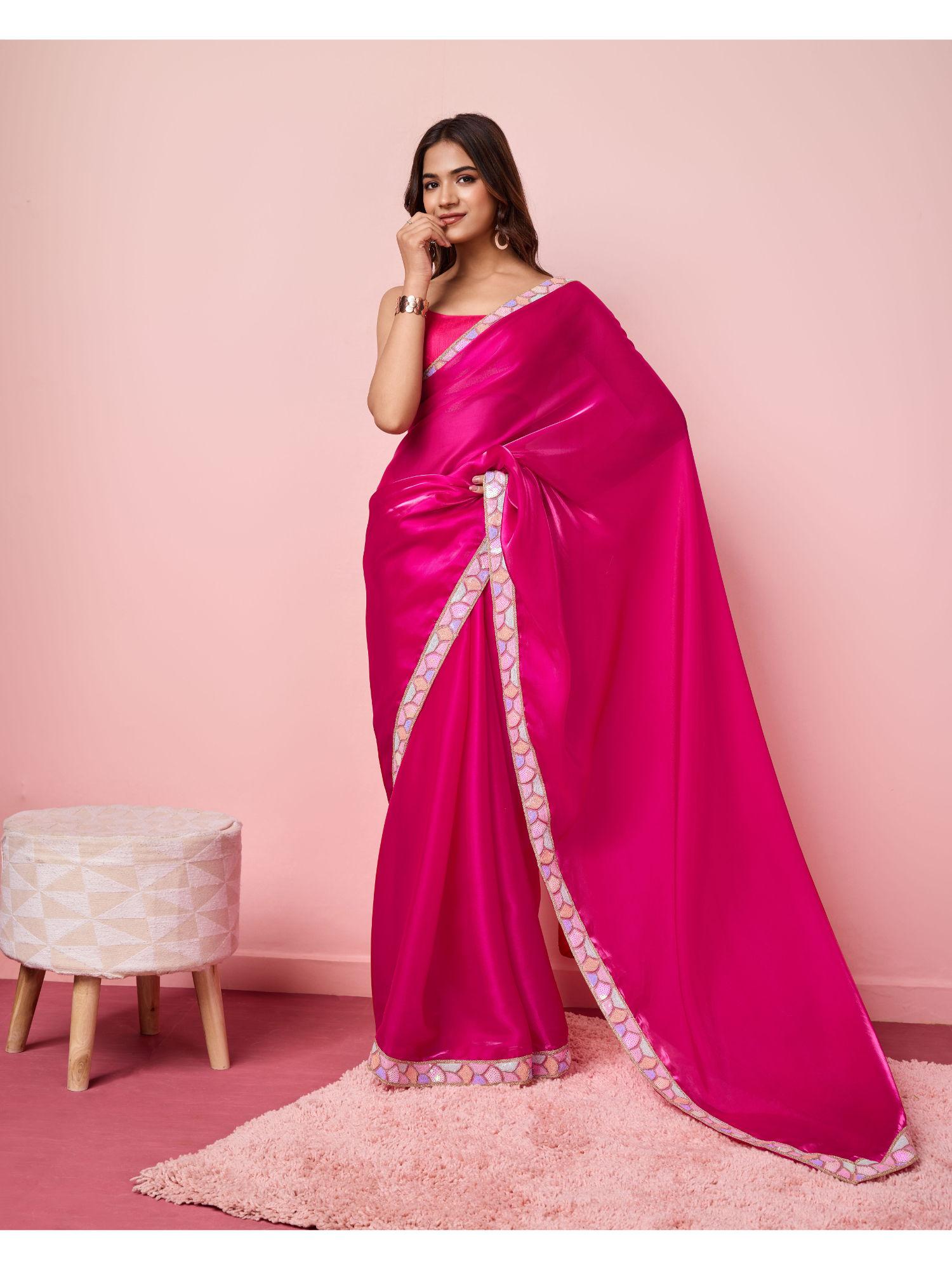 magenta silk blend plain saree with unstitched blouse