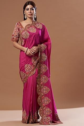 magenta silk chanderi saree set