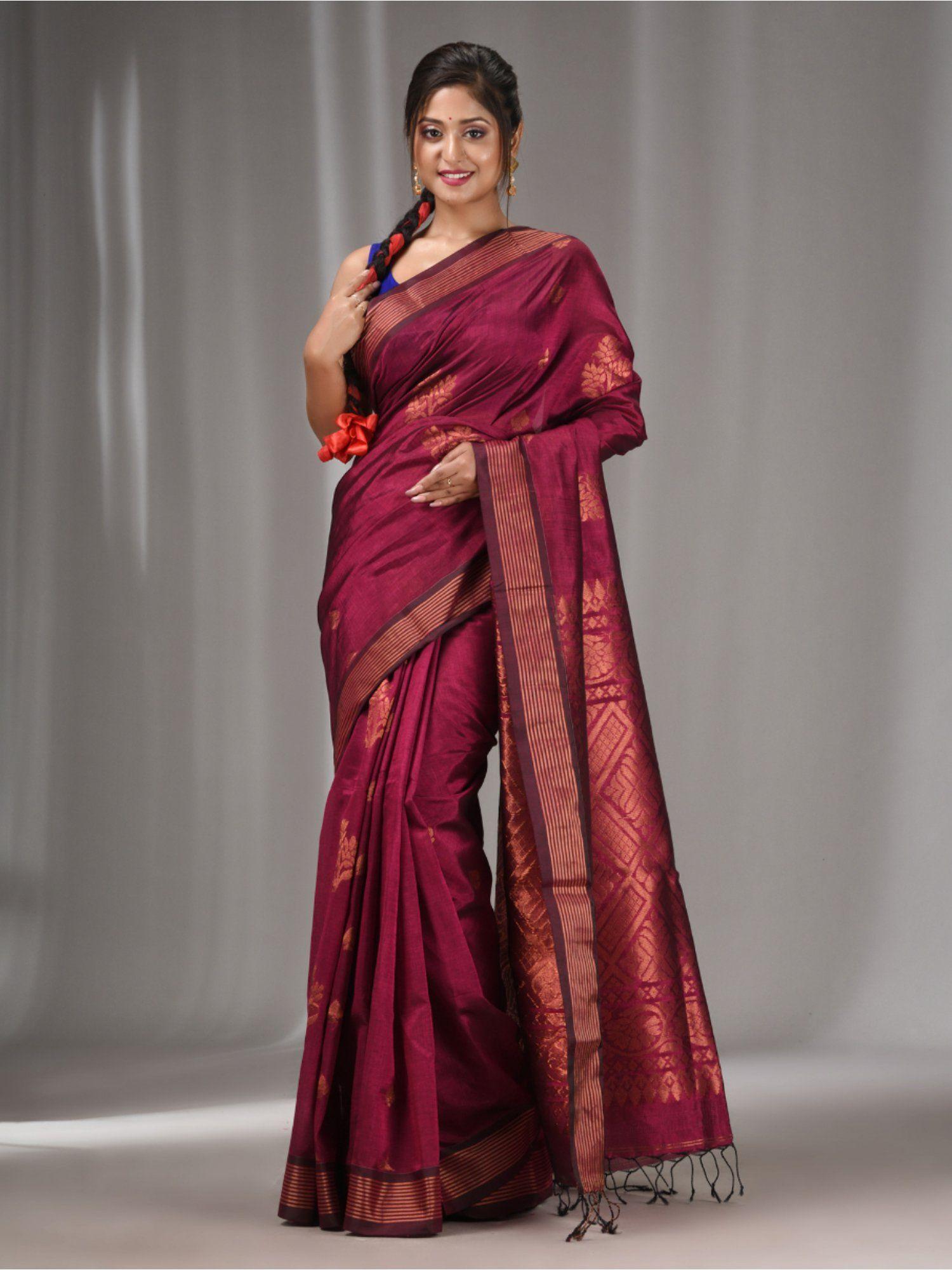 magenta silk matka handwoven saree with stripes zari border with unstitched blouse