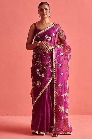 magenta silk organza embellished saree set