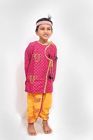 magenta silk printed kurta set for boys