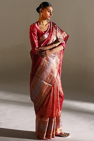 magenta silk woven saree set