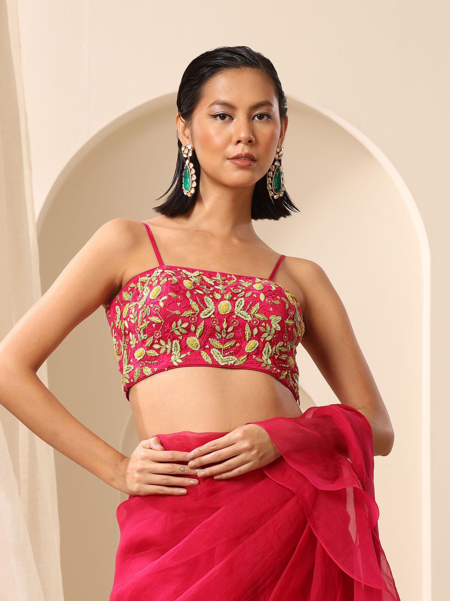 magenta sleeveless net cami blouse with beaded embroidery