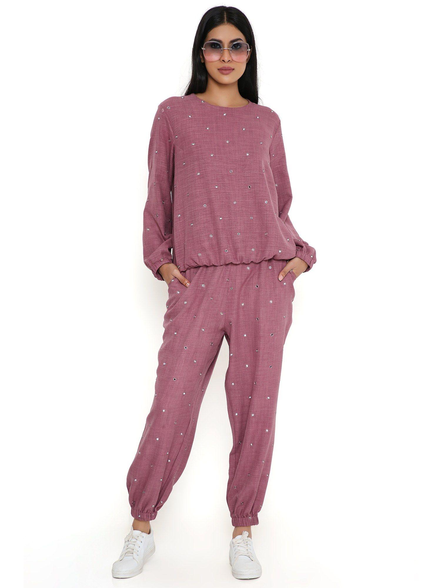 magenta soft linen embroidered top and jogger pant (set of 2)