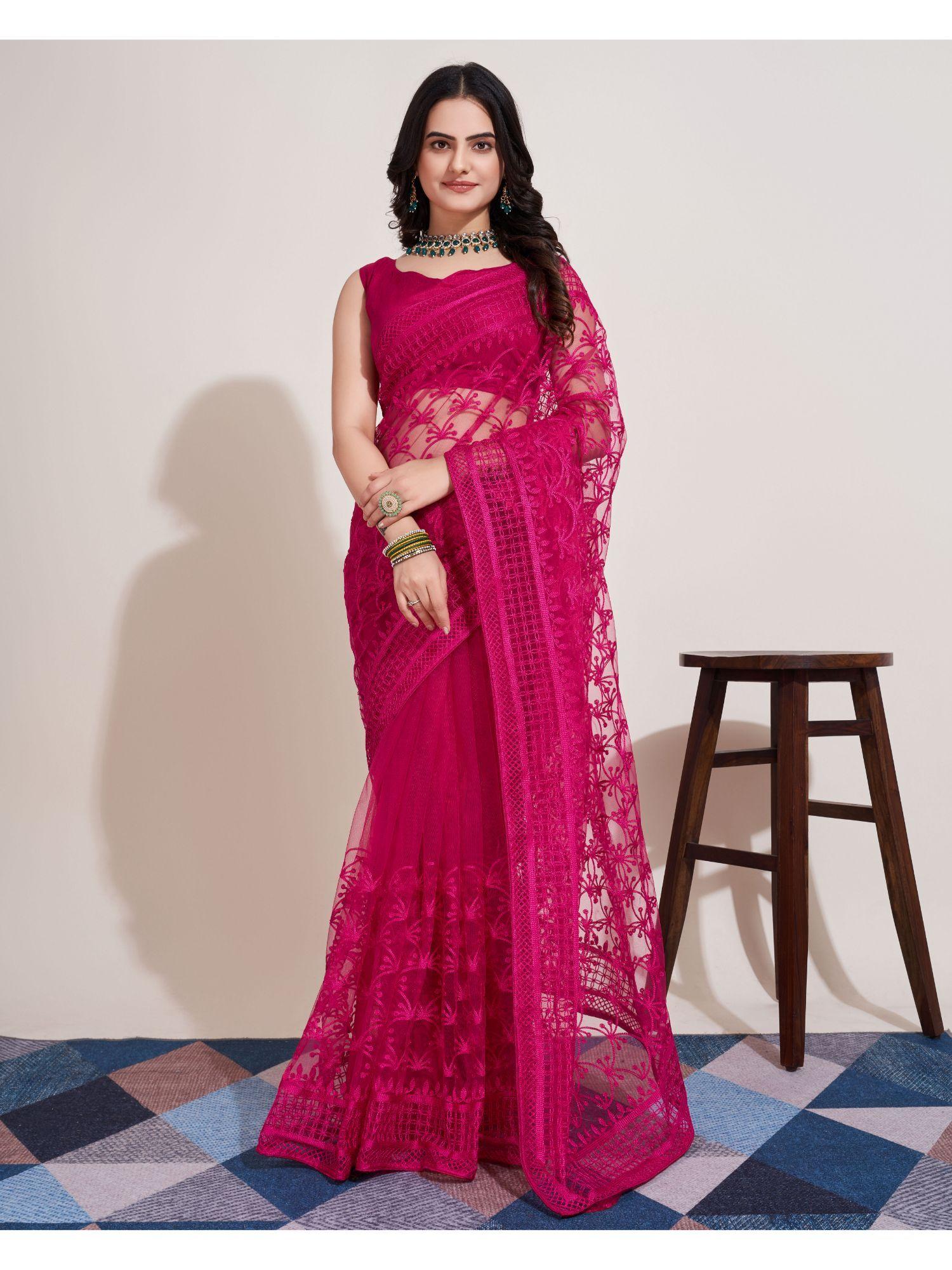 magenta soft net embroidery saree & mono banglory with unstitched blouse